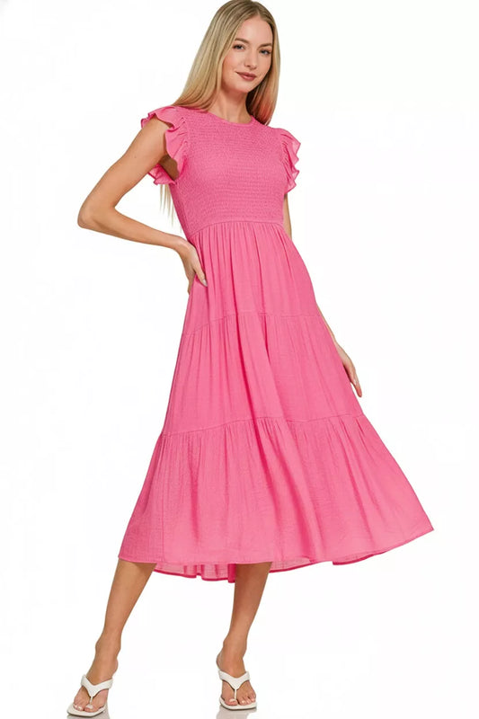 Zenana Woven Smocked Ruffle Sleeve Midi Dress view 2 - Shopiebay