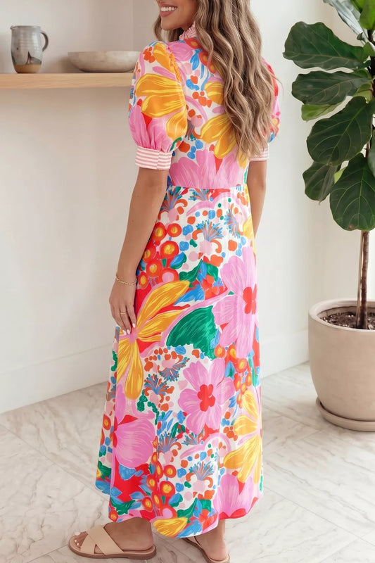 Floral Print Striped Trim Button Down Short Sleeve Maxi Dress - product image 2