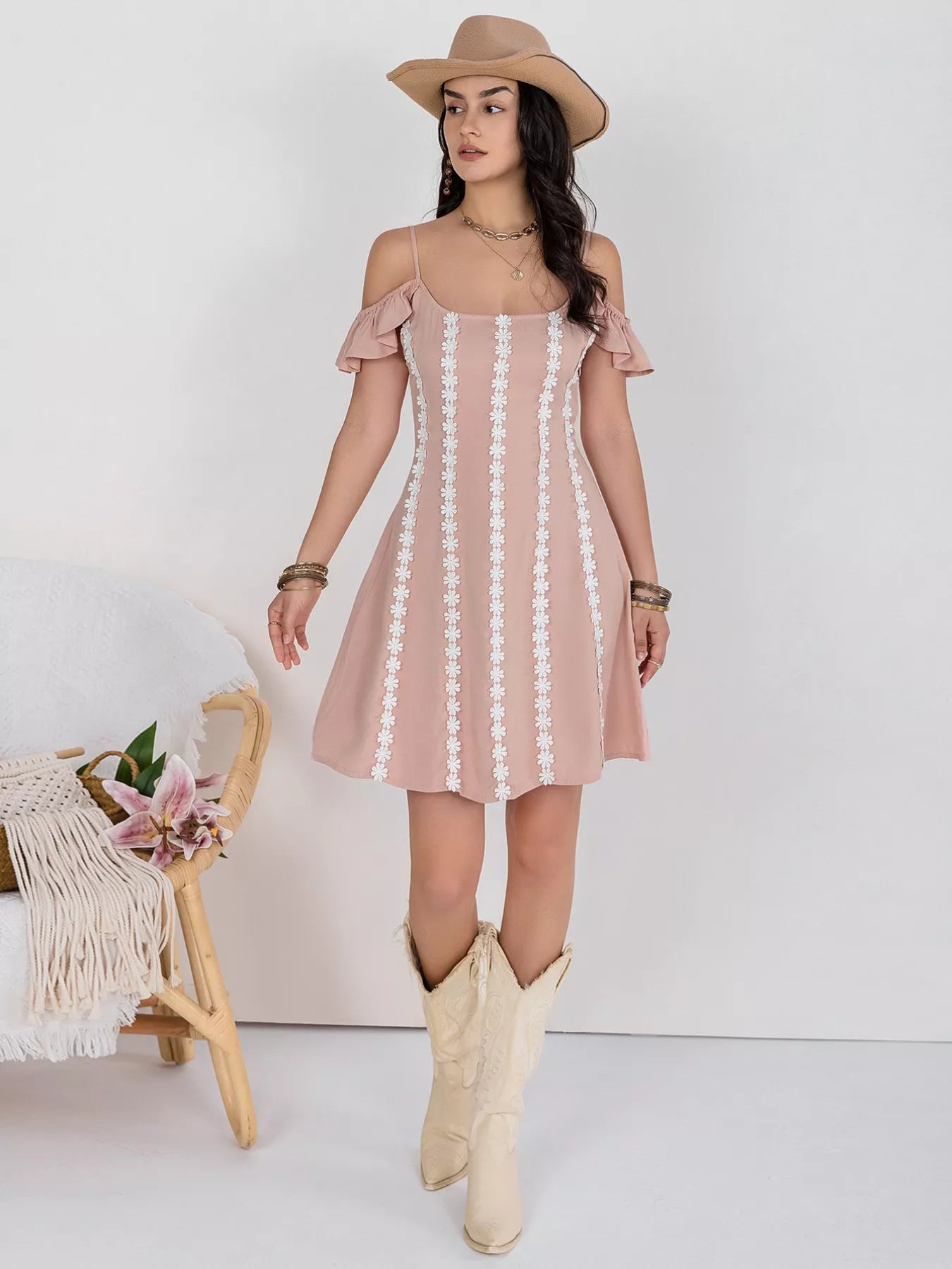 Floral Lace Trim Cold Shoulder A-Line Dress view 5 - Shopiebay