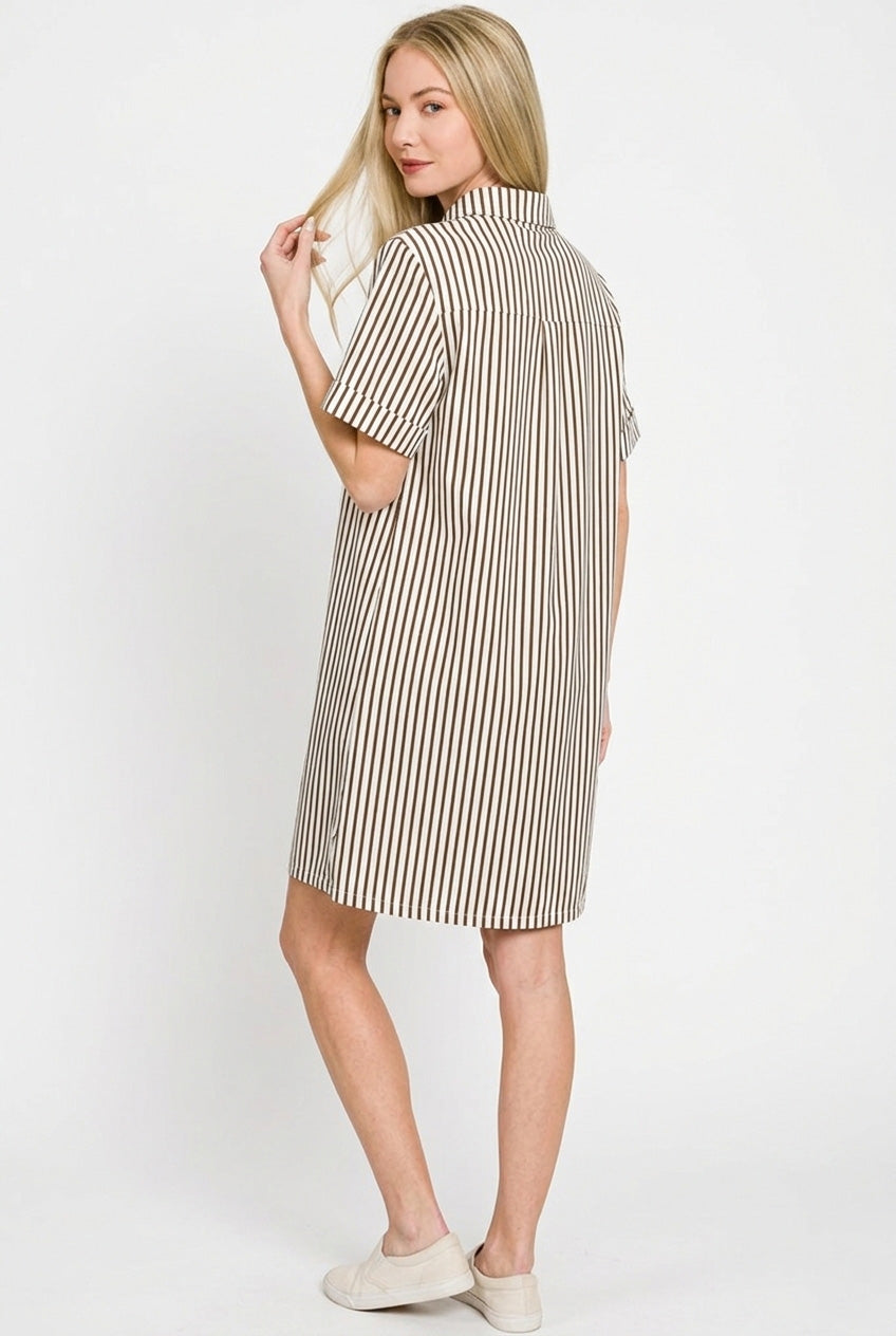 Zenana Stripe Collared Half Button Up T-Shirts Dress view 3 - Shopiebay