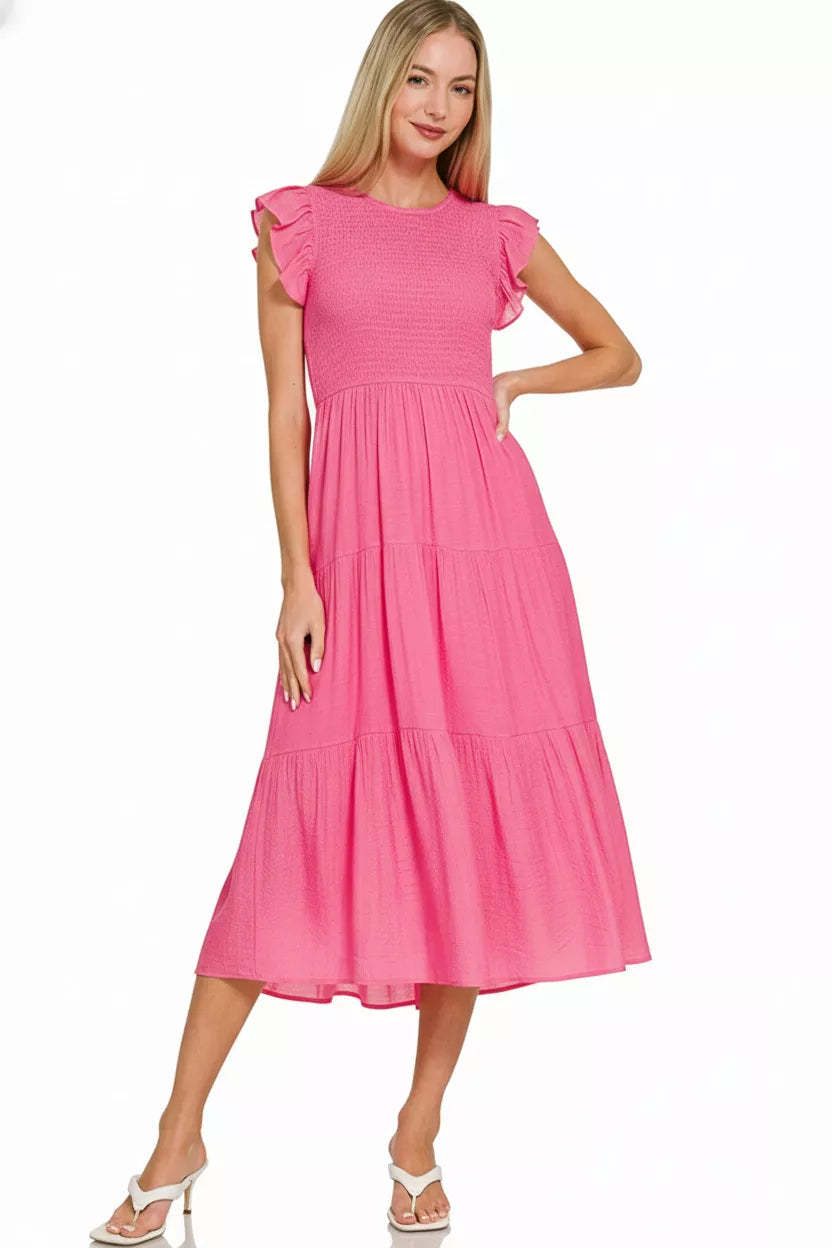 Zenana Woven Smocked Ruffle Sleeve Midi Dress view 3 - Shopiebay