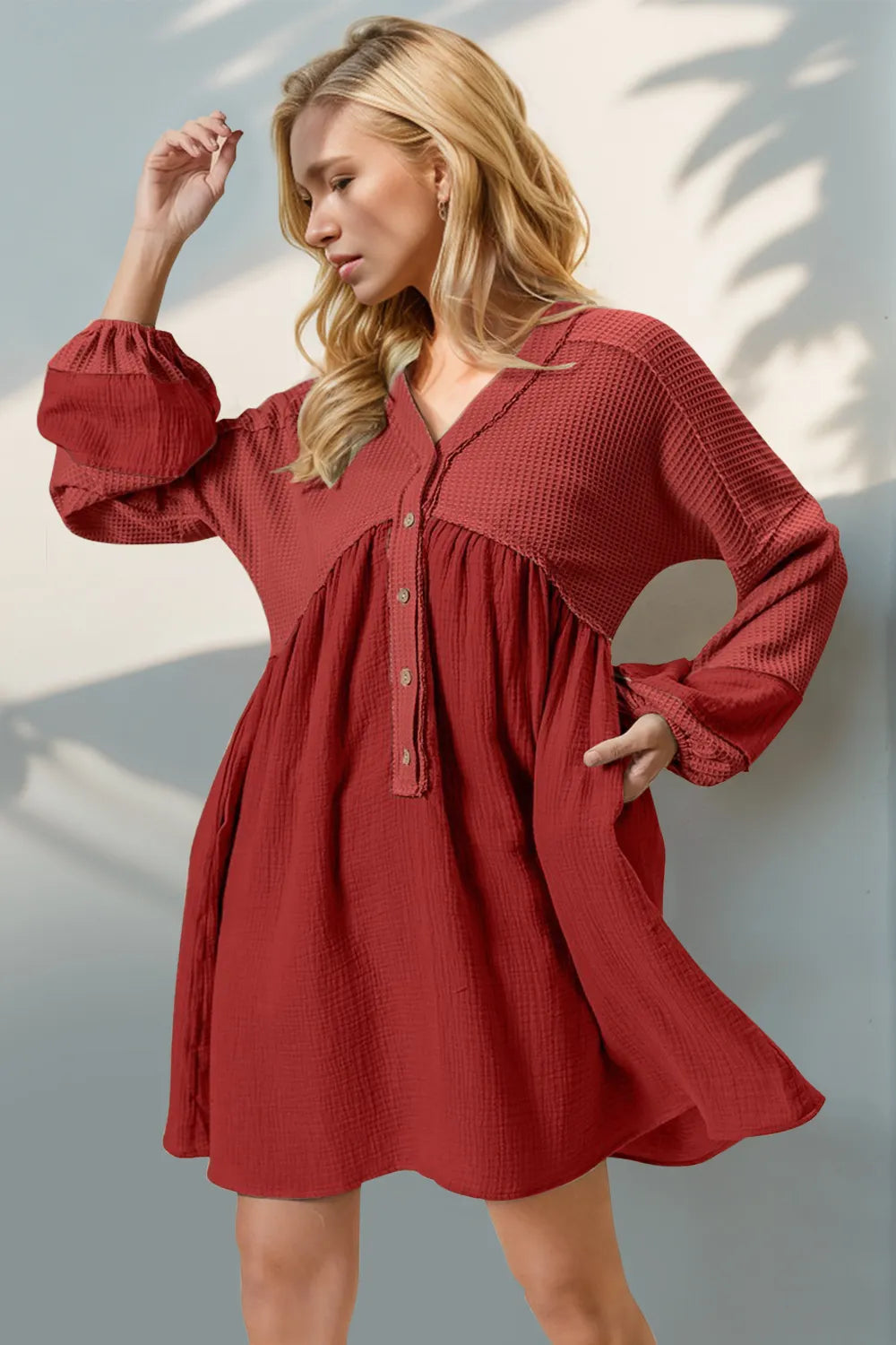 double take mini dress Double Take Waffle-Knit Contrast Half Button V-Neck Long Sle – Shopiebay