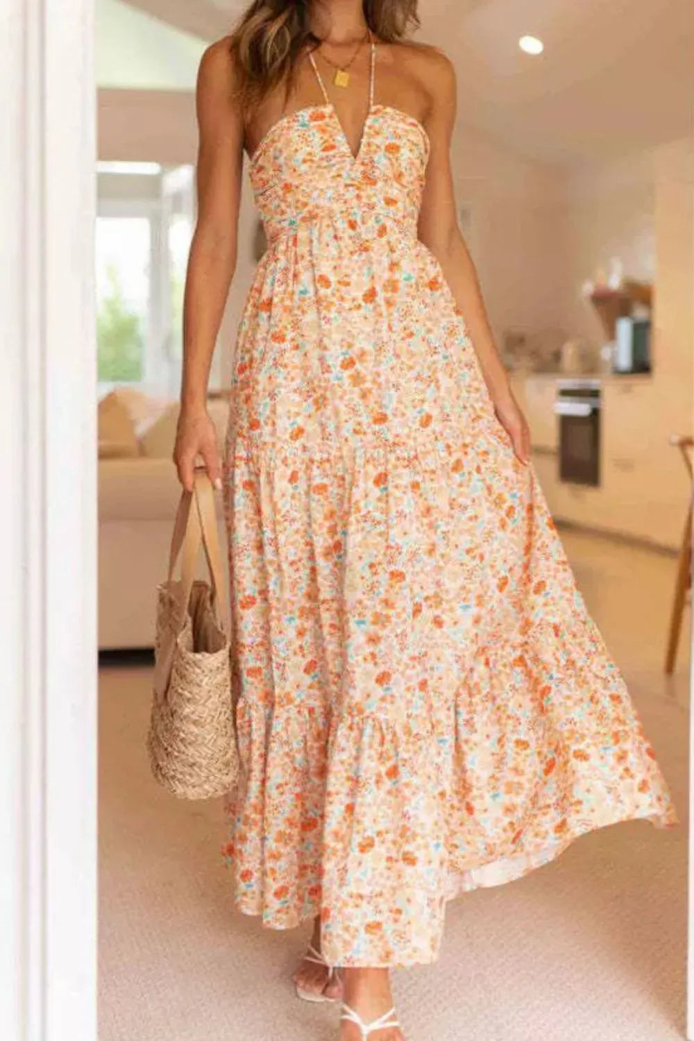 Floral Halter Neck Tiered Maxi Dress | $40
