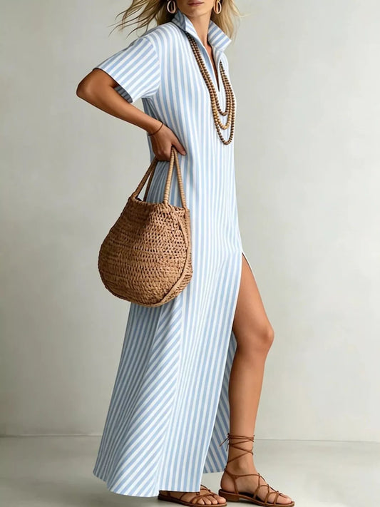 Striped High Slit Maxi Shirt Dress - product image 2