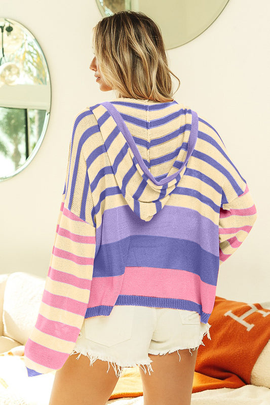 BiBi Striped Color Block Hooded Knit Top