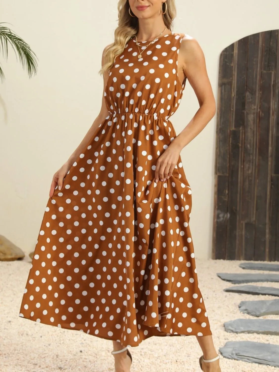 Polka Dot Round Neck Sleeveless Midi Dress view 8 - Shopiebay