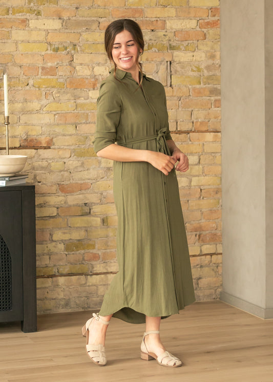 Essential Olive Long Sleeve Linen Shirt Dress - product image 2