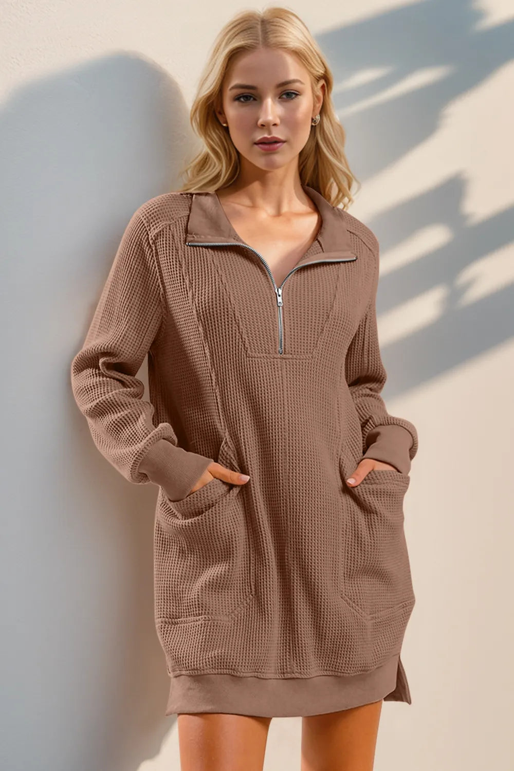 double take mini dress Double Take Waffle Long Sleeve Mini Dress with Pockets