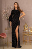 Sequin Asymmetric Velvet Festive Mermaid Gown w/ One Long Puff Sleeve GLGL3159