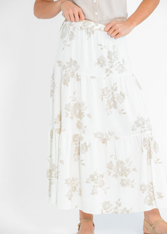 Jill Floral Stretch Waist Floral Tiered Maxi Skirt