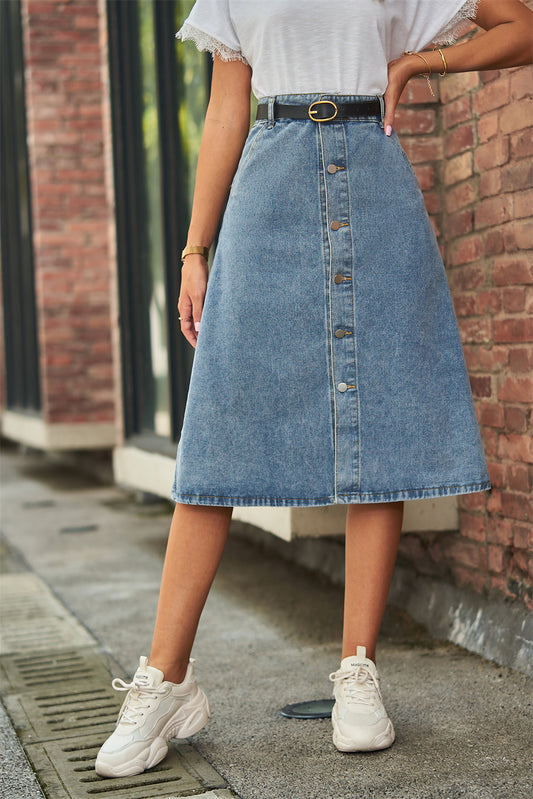 Button Front A-Line Denim Skirt - Shopiebay
