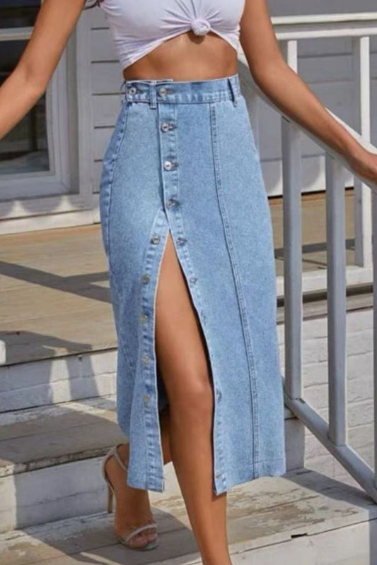 Buttoned Split Denim Skirt - Shopiebay