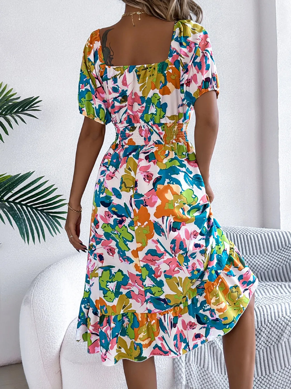 Ruffled Hem Smocked Floral Short Sleeve Midi Dress - product image 9