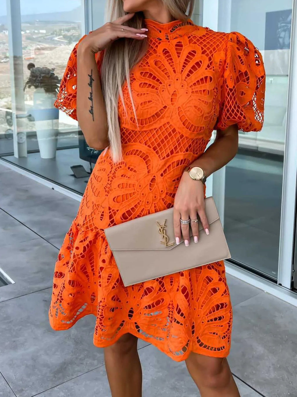 Lace Mock Neck Puff Sleeve Dress - product image 11