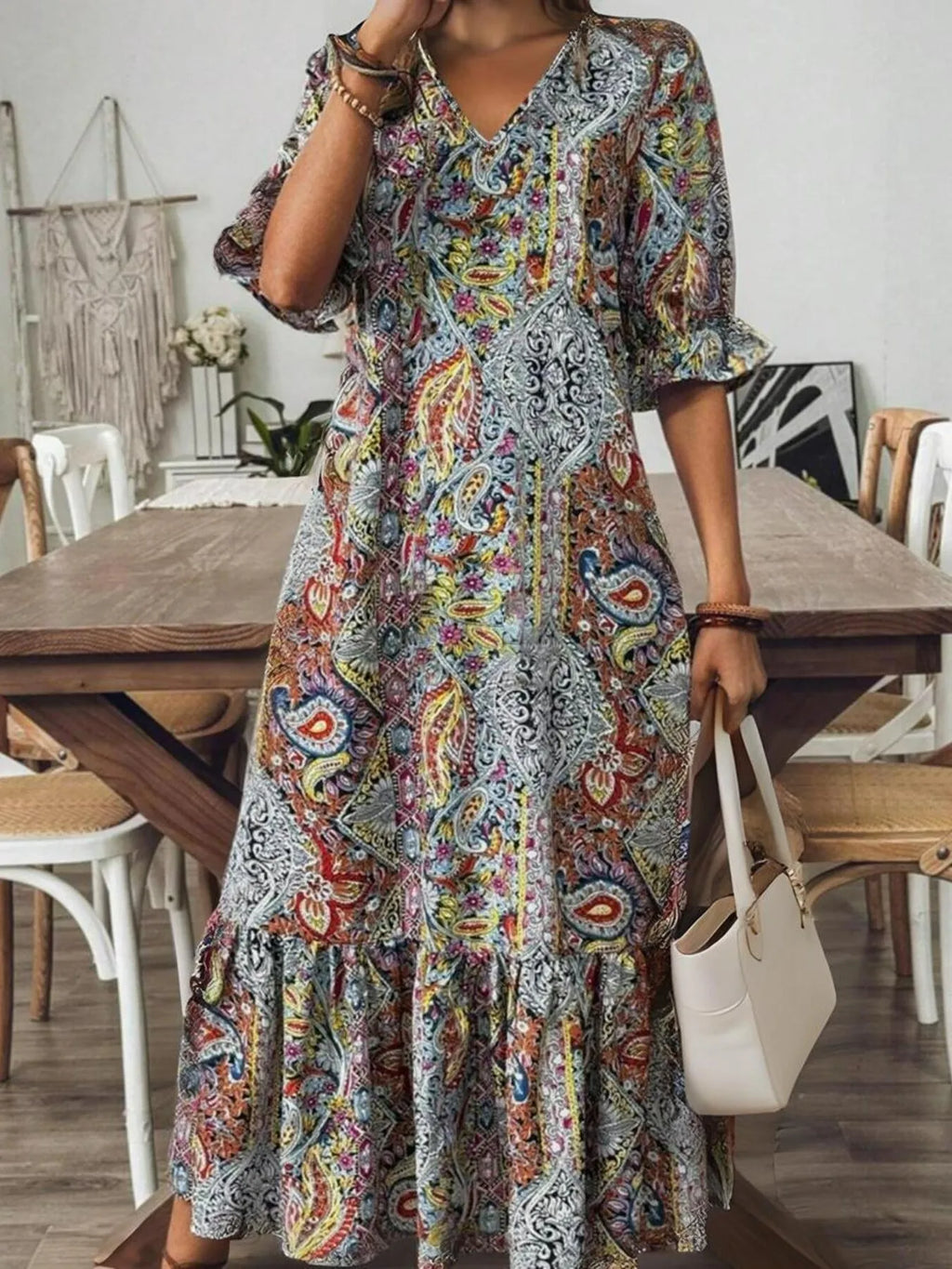 Bohemian Paisley Print V-Neck Midi Dress - product image 5