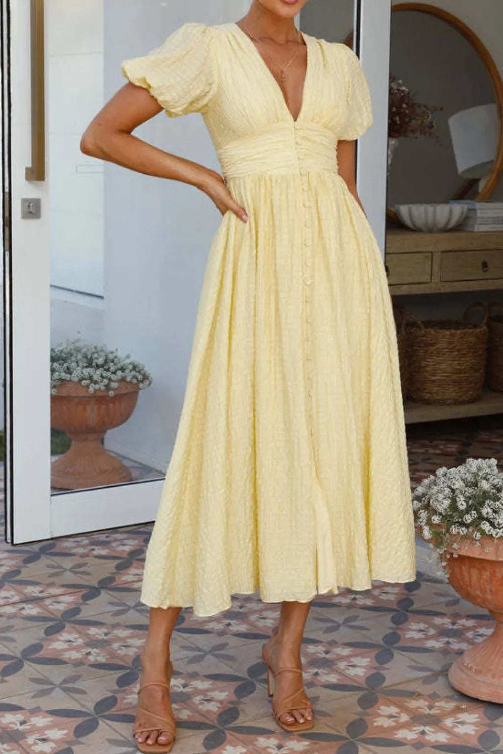 V-Neck Puff Short Sleeve Midi Dress - product image 8