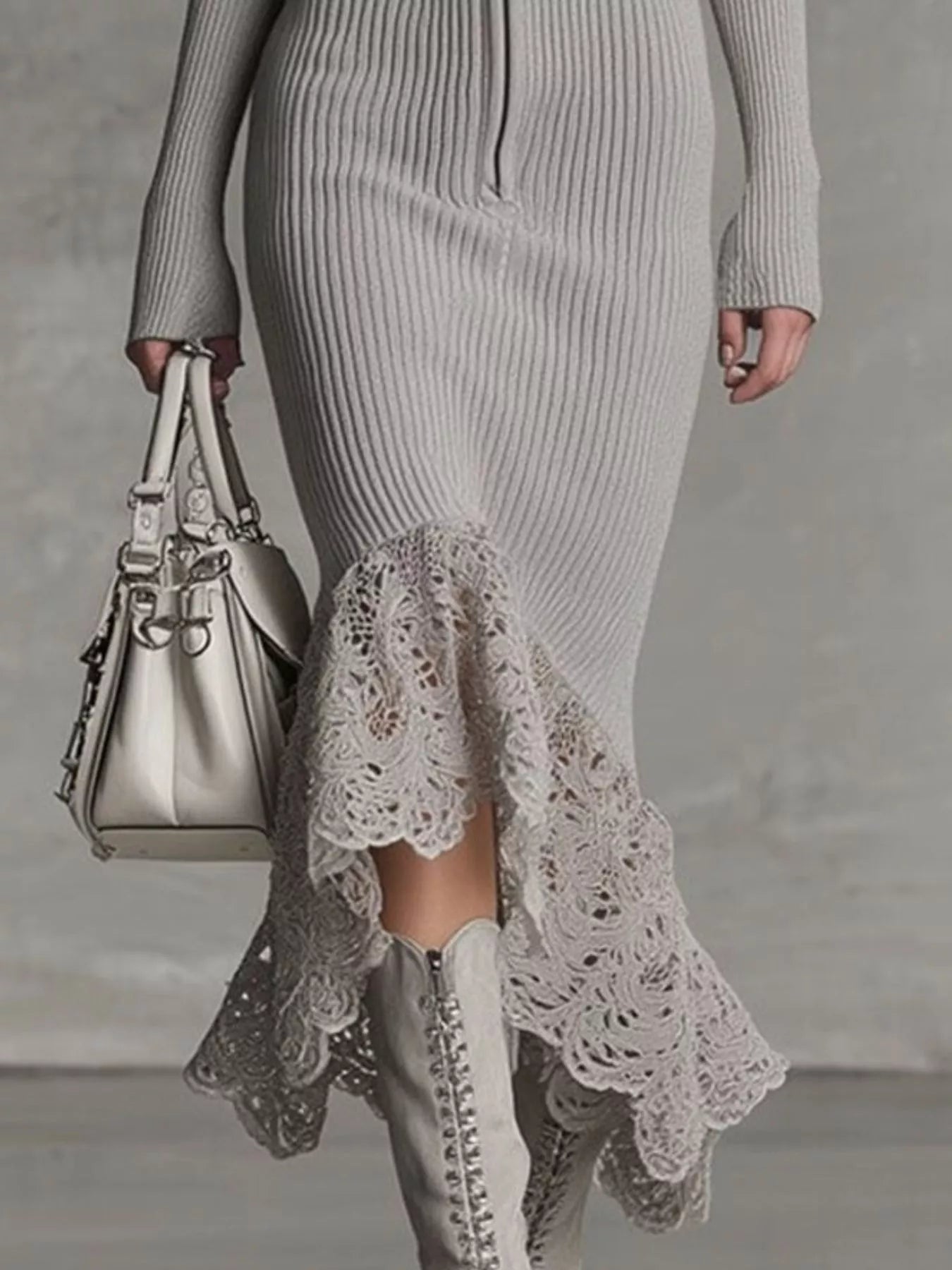 Hooded Ribbed Knit Lace Hem Midi Dress view 3 - Shopiebay