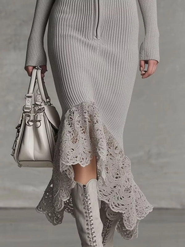 Hooded Ribbed Knit Lace Hem Midi Dress - product image 3