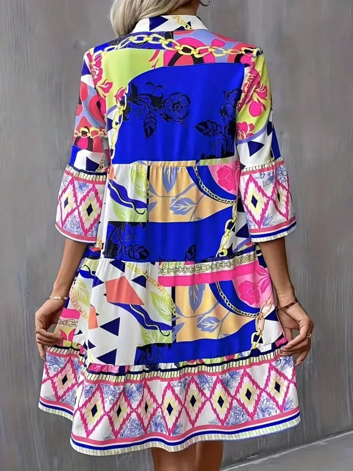 Printed Notched 3/4 Sleeve Tiered Dress - product image 5