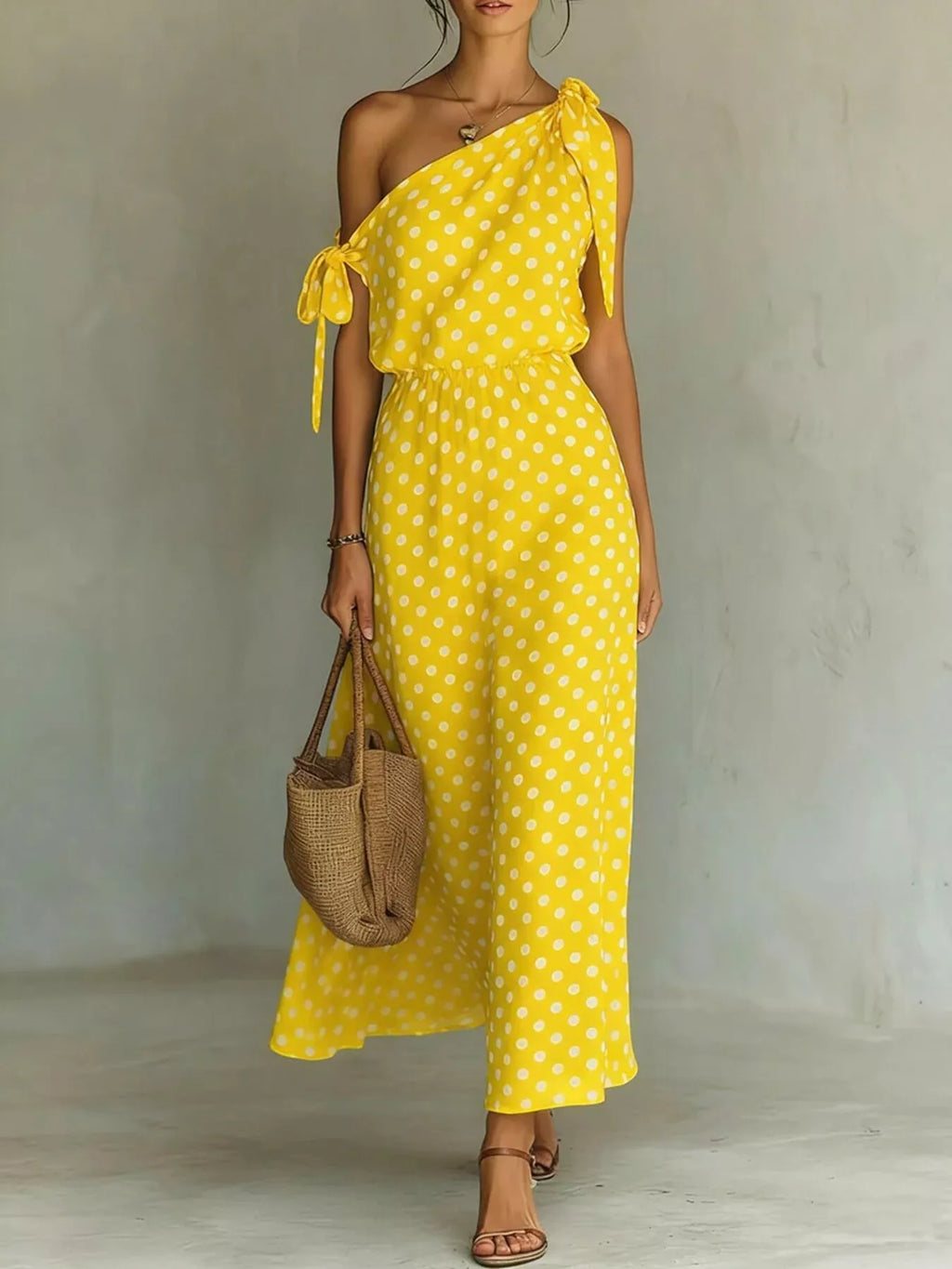 Full Size Polka Dot One-Shoulder Maxi Dress with Tie Details Plus Size - product image 9