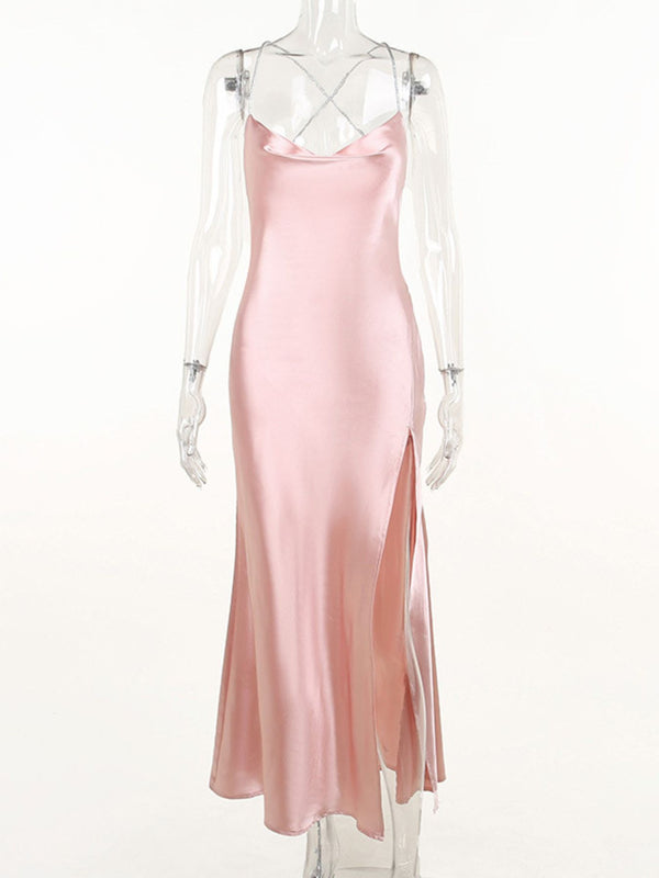 Slinky Satin Cowl Neck High Slit Dress with Back Lace Up - product image 10