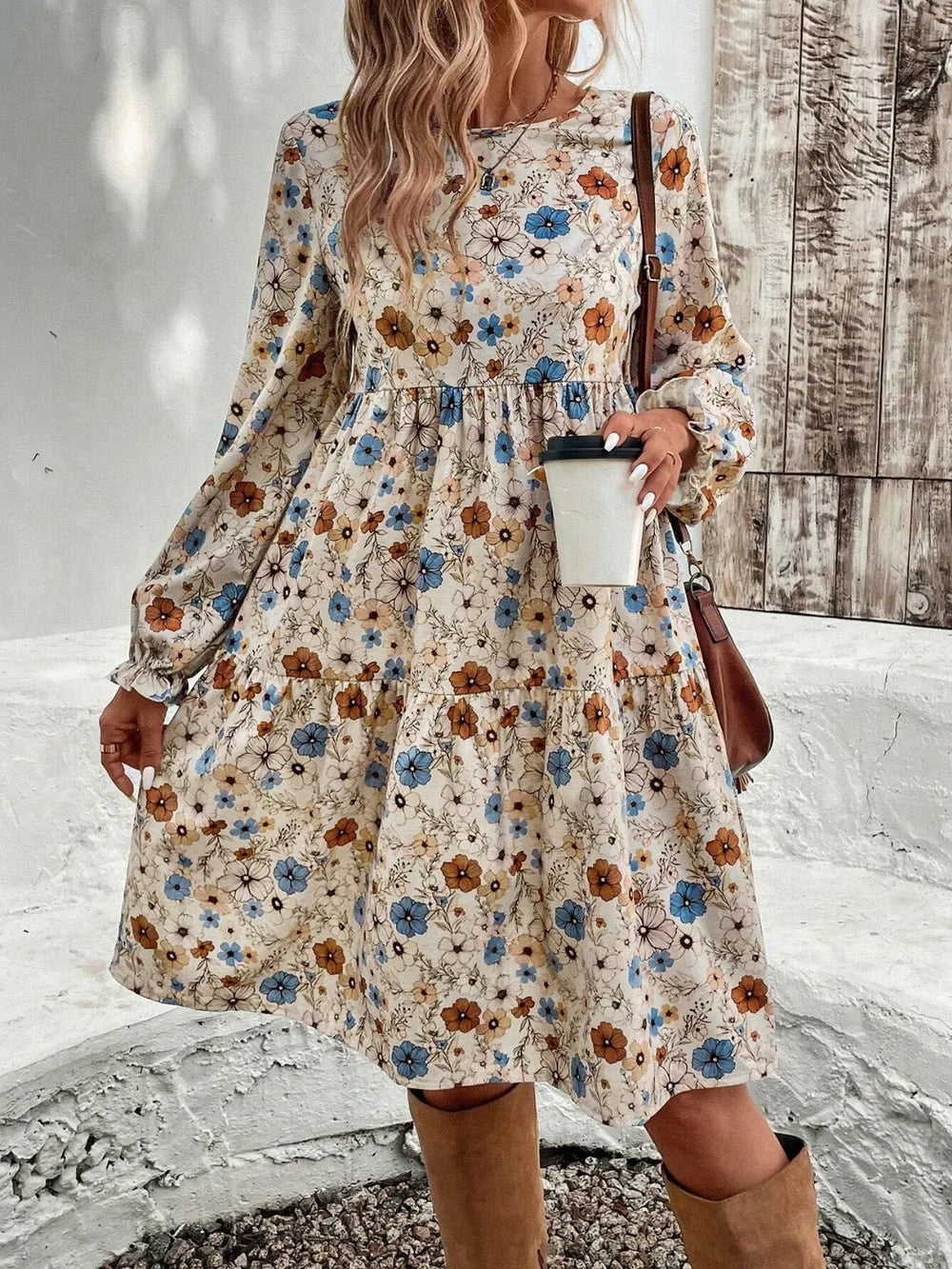 Tiered Floral Round Neck Long Sleeve Dress Main image