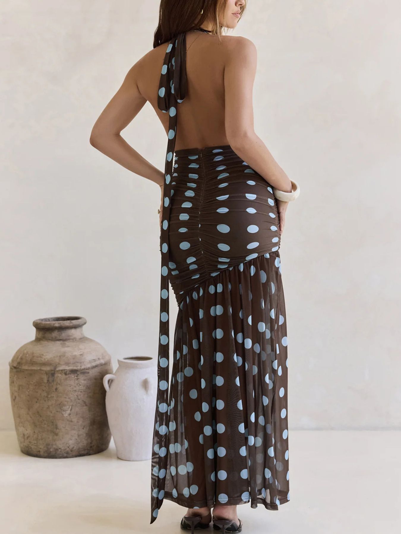 Polka Dot Halter Ruched Maxi Dress view 5 - Shopiebay