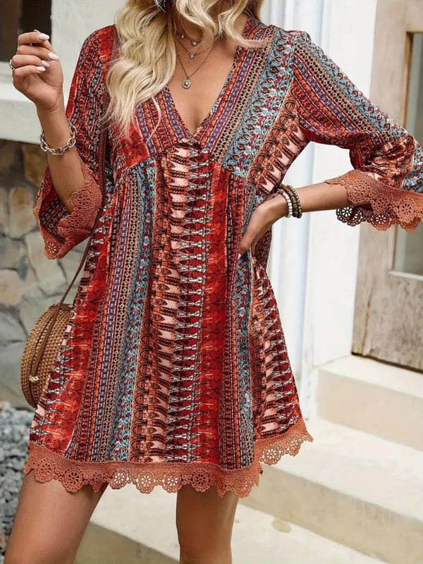 Lace Trim Printed V-Neck 3/4 Sleeve Dress - product image 2
