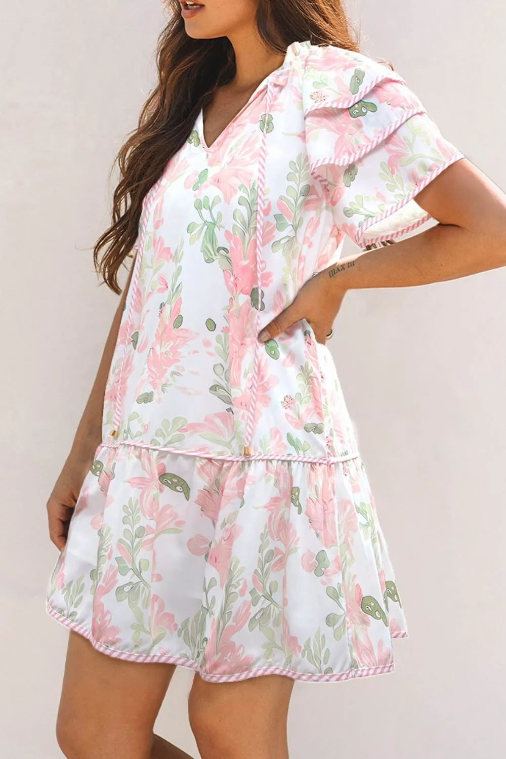 Floral Contrast Edge Layered Short Sleeve Mini Dress Secondary image