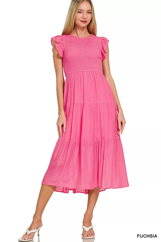 Zenana Woven Smocked Ruffle Sleeve Midi Dress - Shopiebay women's boutique