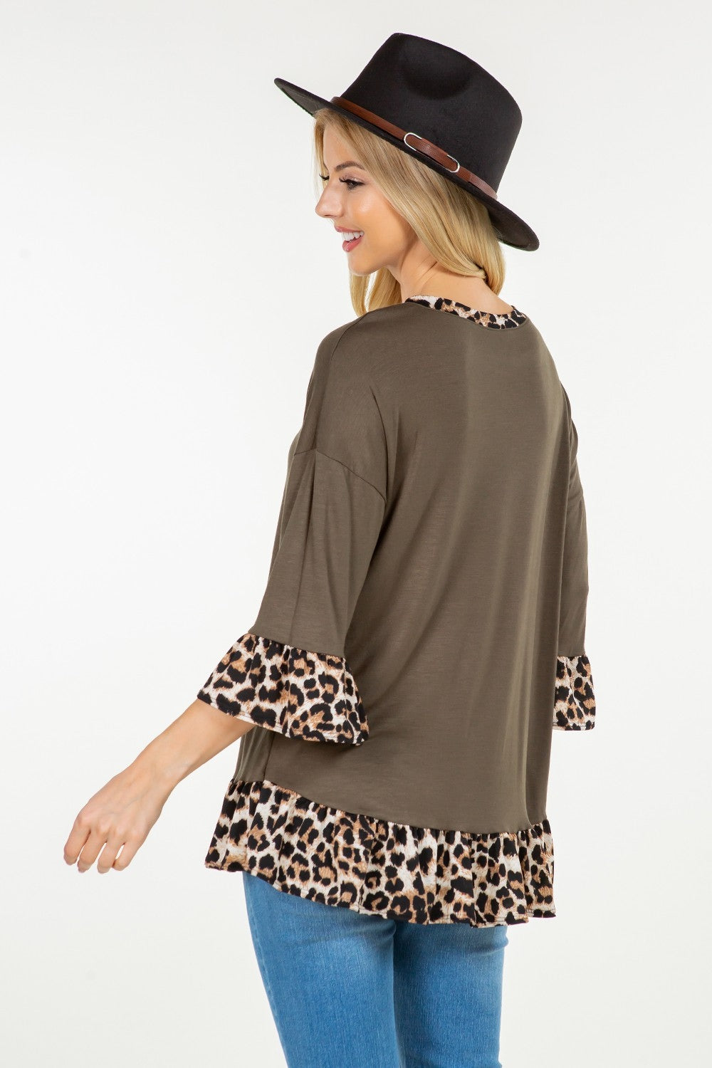 Celeste Full Size Flounce Sleeve Leopard Trim Top