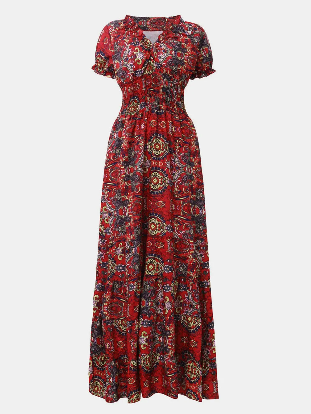 Full Size Smocked Printed V-Neck Short Sleeve Dress view 4 - Shopiebay