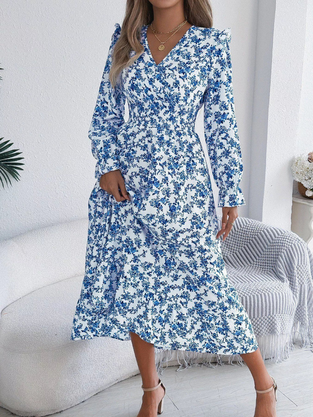 Ruffled Floral V-Neck Flounce Sleeve Dress - product image 14