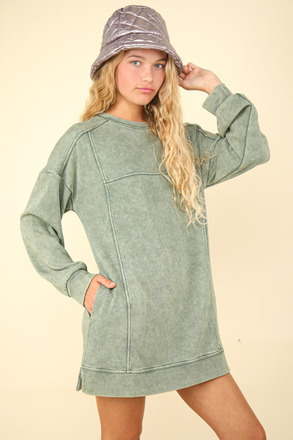 VERY J Mineral Washed Oversized Sweatshirt Mini Dress