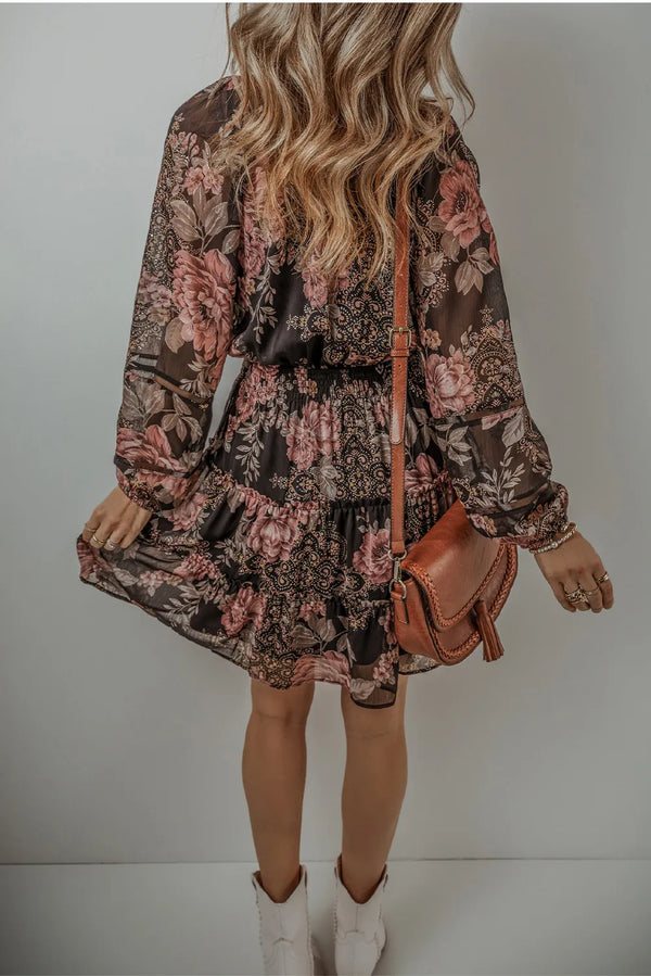 Printed Tie Neck Long Sleeve Mini Dress - product image 4