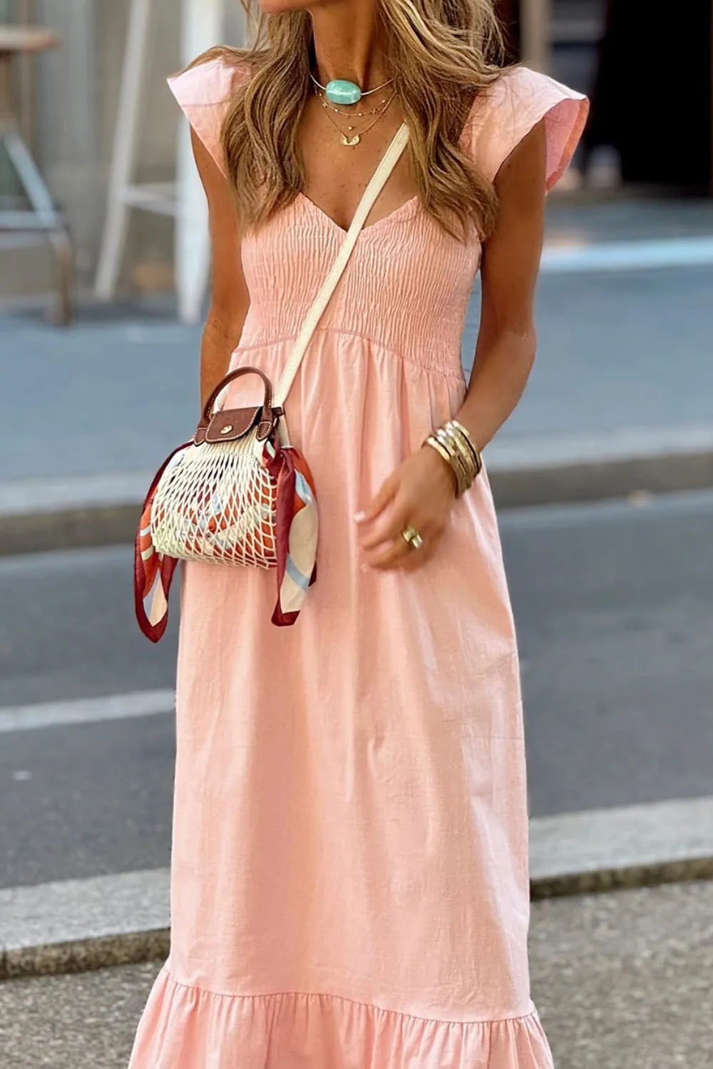 V Neck Ruffled Cap Sleeve Smocked Maxi Dress - product image 12