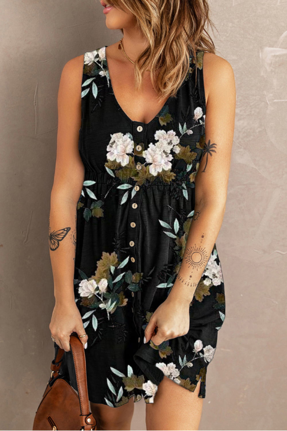 Double Take Printed Scoop Neck Sleeveless Buttoned Magic Dress with Pockets - product image 6