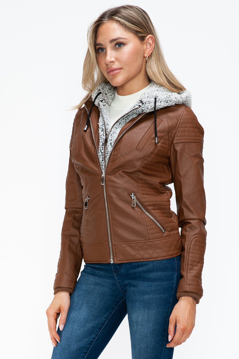 YMI Faux Layered Double-Zipper Jacket with Fuzzy Hood