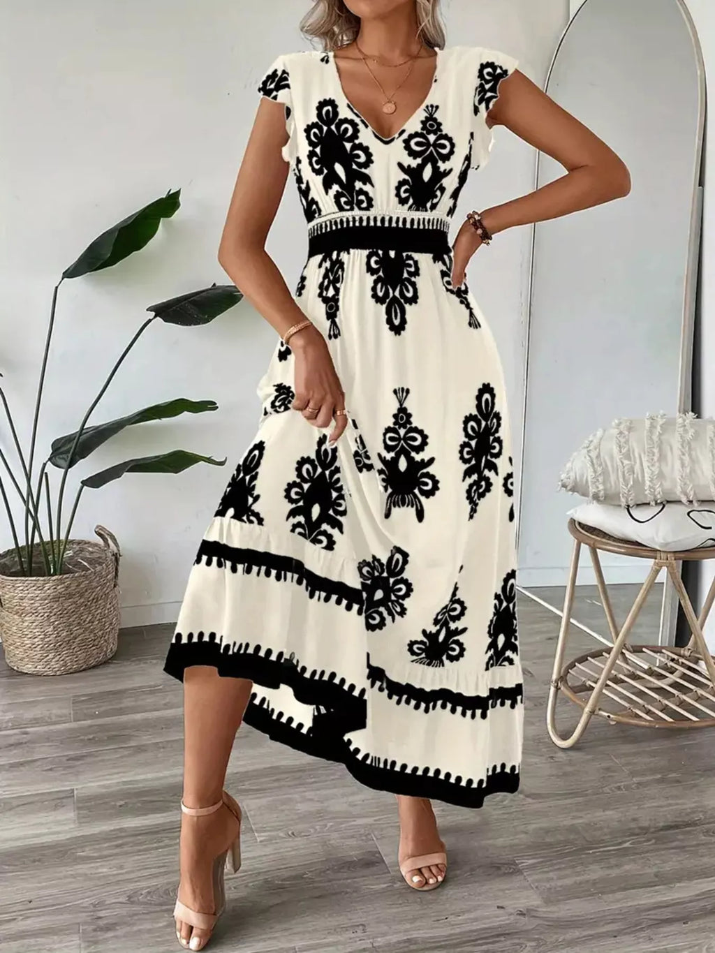 Printed V-Neck Ruffled Cap Sleeve Dress - product image 5