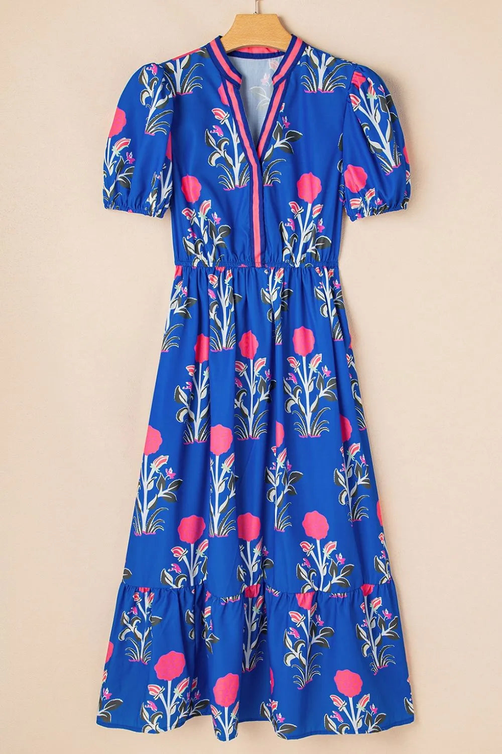 Floral Puff Short Sleeve Notched High Waist Dress - product image 4