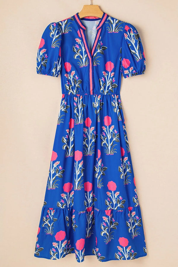 Floral Puff Short Sleeve Notched High Waist Dress - product image 4
