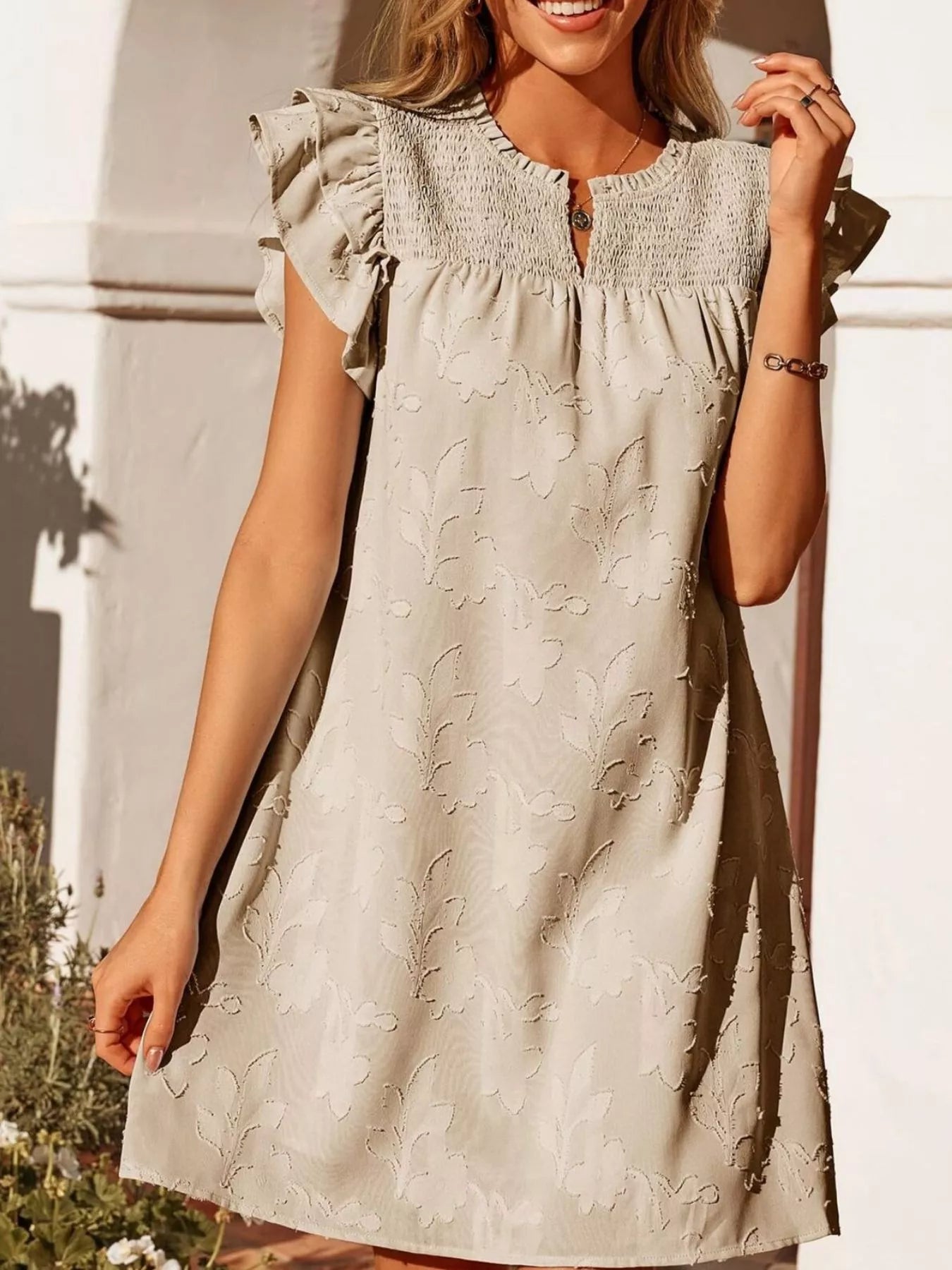 Floral Embossed Ruffle Sleeve Mini Dress Secondary image