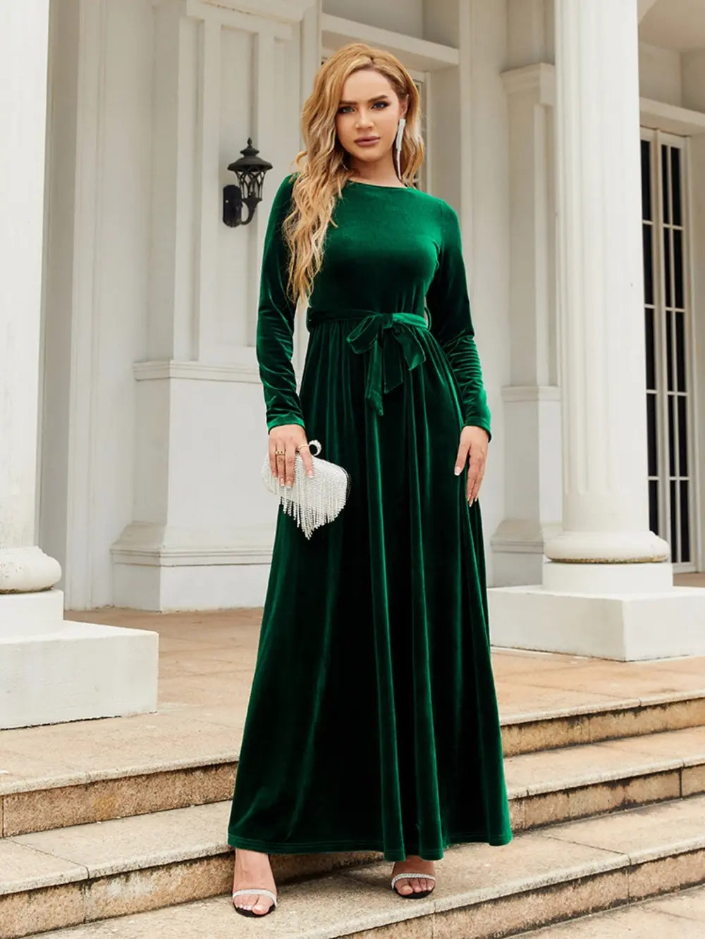 Tie Front Round Neck Long Sleeve Maxi Dress - product image 10