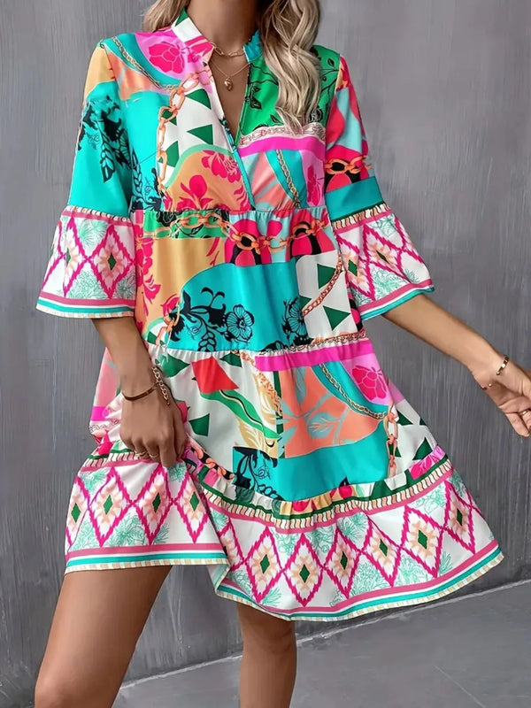 Printed Notched 3/4 Sleeve Tiered Dress - product image 3