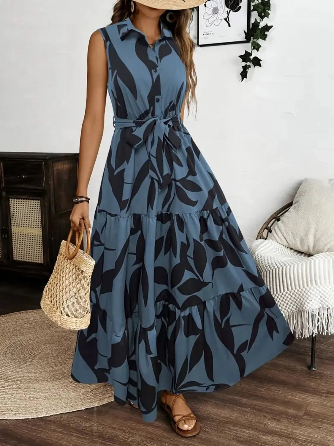 Printed Tie Waist Sleeveless Maxi Dress view 12 - Shopiebay
