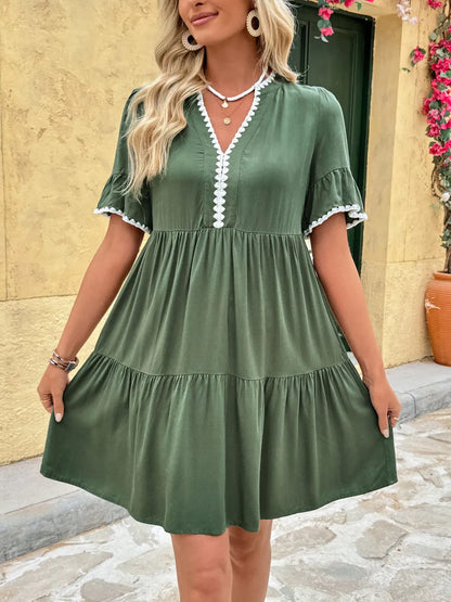 Lace Detail Notched Flounce Sleeve Mini Dress view 2 - Shopiebay