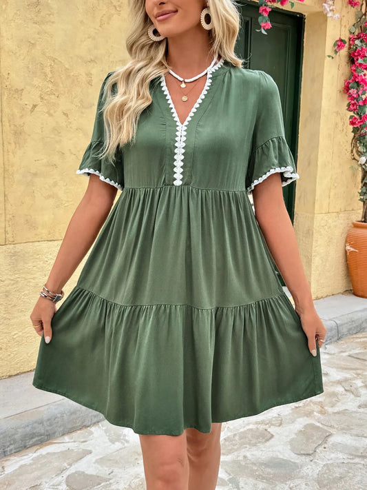 Lace Detail Notched Flounce Sleeve Mini Dress view 2 - Shopiebay