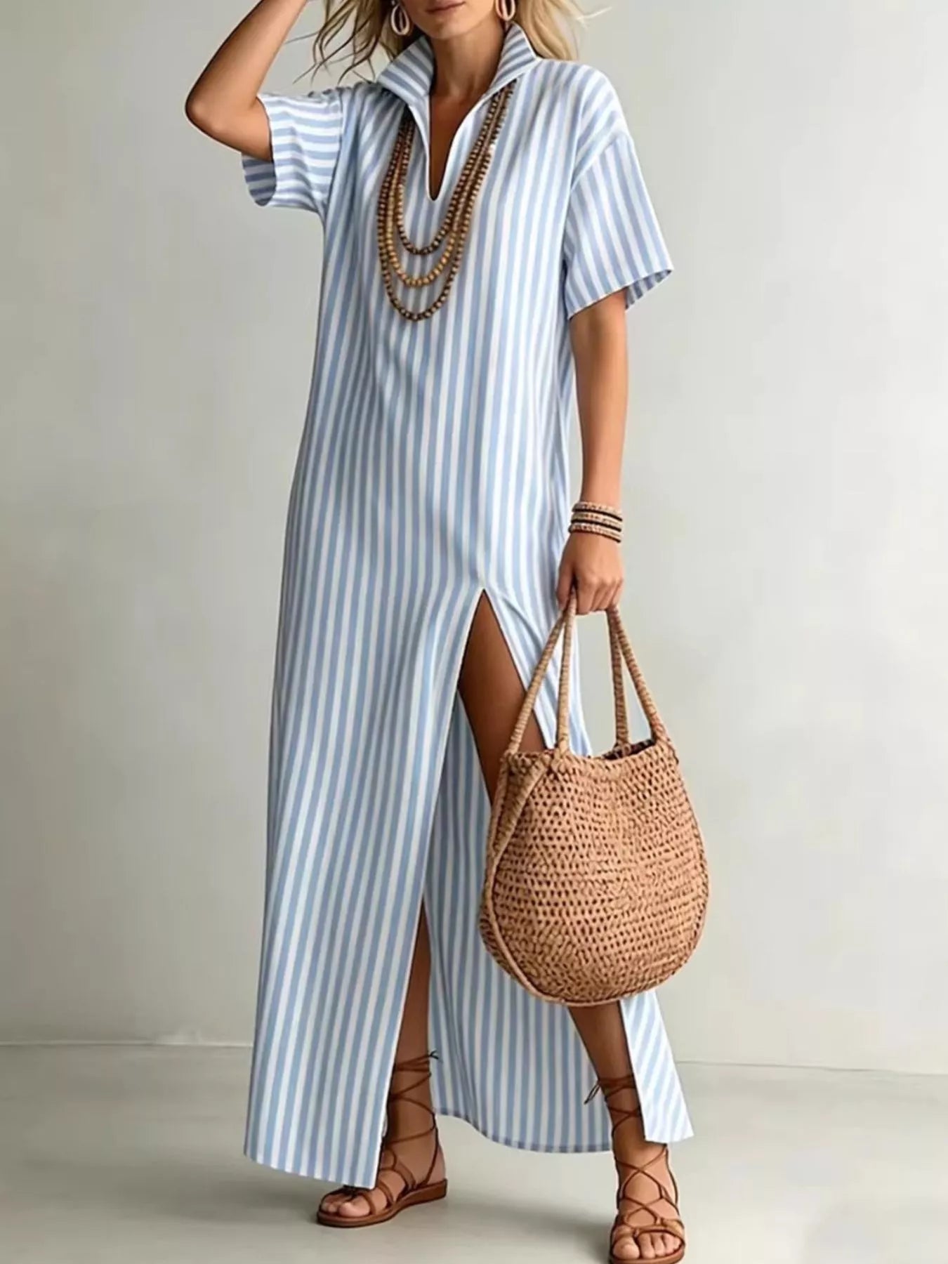 Striped High Slit Maxi Shirt Dress Main image