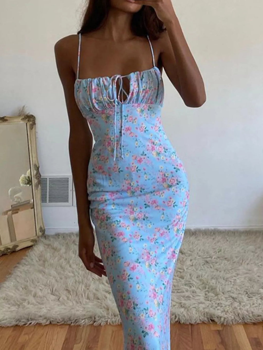 Floral Print Tie Strap Bodycon Maxi Dress - product image 11
