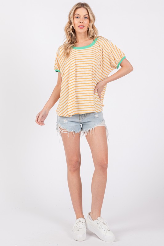 Ces Femme Striped Round Neck Short Sleeve T-Shirt